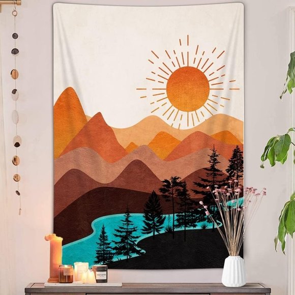 Trendy Boho Mountain River Pop Art Retro Modern Tapestry Wall Dorm Bedroom Decor - Picture 2 of 2